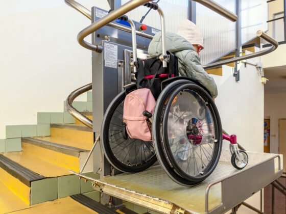 Woman in a wheelchair riding Wheelchair Lift in Hardy, Danville, Princeton, WV, Lexington, VA, Lynchburg, Bluefield, VA